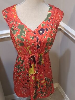 Cabi Vibrant Coral Floral Tie-Waist Blouse